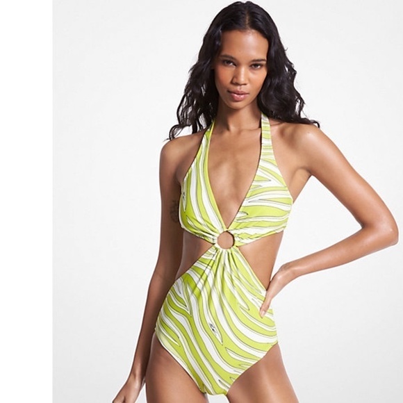 MICHAEL Michael Kors Womens Green Cut-Out Printed One-Piece Swimsui, swimwear 10 - Picture 6 of 14
